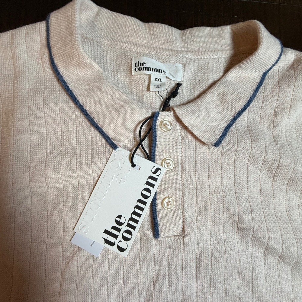 The Commons Mens XXL Off White Ribbed Knit Short Sleeve Polo Shirt USA Made NEW - Picture 4 of 8